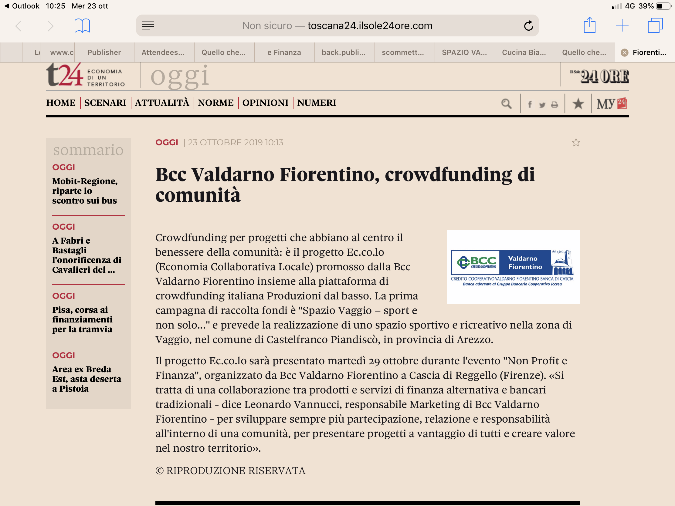Toscana 24 - Il Sole 24 ore: BCC Valdarno Fiorentino, crowdfunding di comunità.
